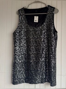 Tahari Size Large Black Camilla Confetti Sequin Silver Lined Tank Top/Cami